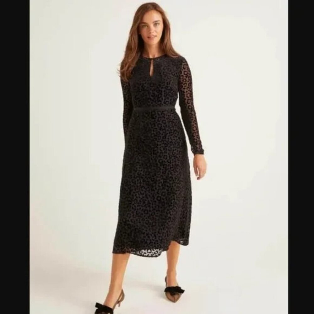Boden Marie Devore Black Velvet Leopard Dress SZ 14
